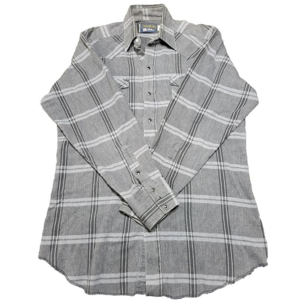 VINTAGE Panhandle Slim Shirt Mens 16/34 Gray Plaid Flannel Pearl Snap Western